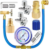 Fanovo refrigerator freon hose with gauge for precise R134a charging in vehicles and homes.