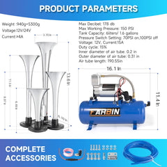 FARBIN horn kit suited for trucks, cars, SUVs, boats, and trains on the road.