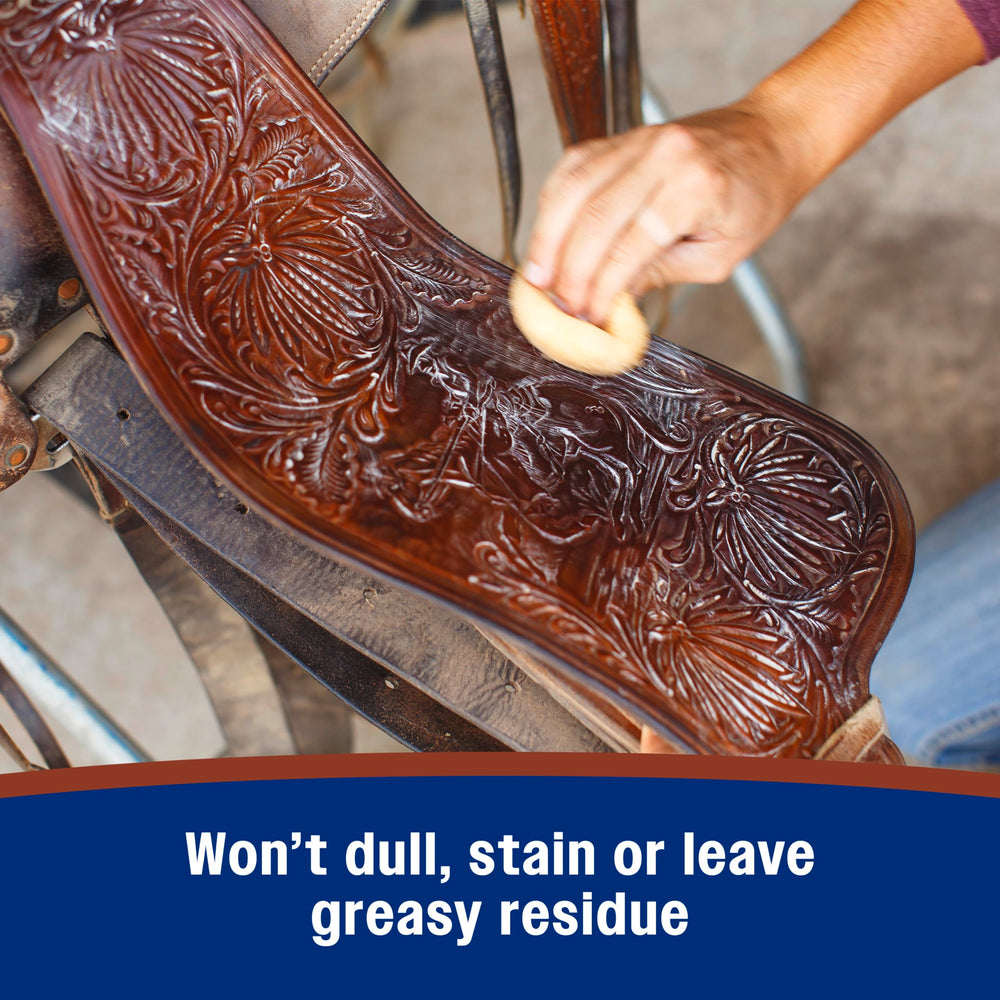 Before and after close-up showing leather revitalization after Farnam soap.