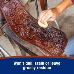 Before and after close-up showing leather revitalization after Farnam soap.