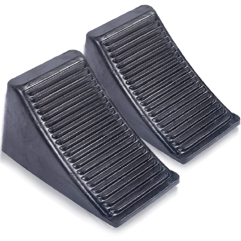 Fasmov two-pack solid rubber wheel chocks provide secure parking on uneven surfaces.