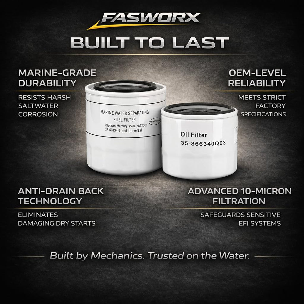 FASWORX 10-micron fuel filter captures fine debris.