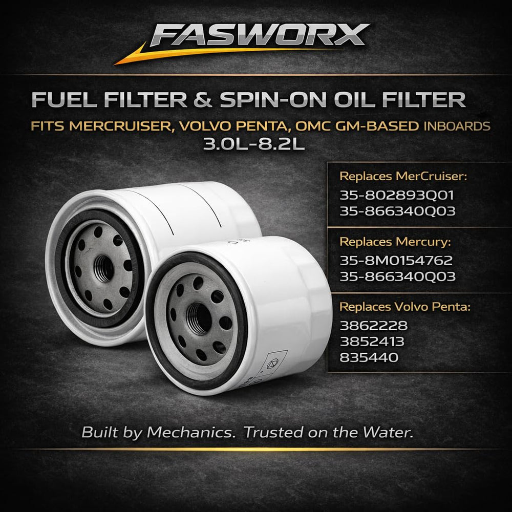 FASWORX spin-on oil filter with anti-drain-back valve.