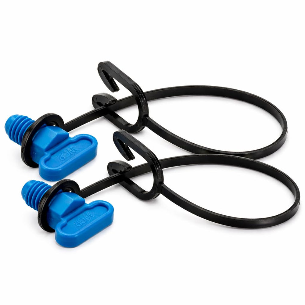 FASWORX two-pack drain plug with O-ring and retaining strap for Volvo Penta engines.