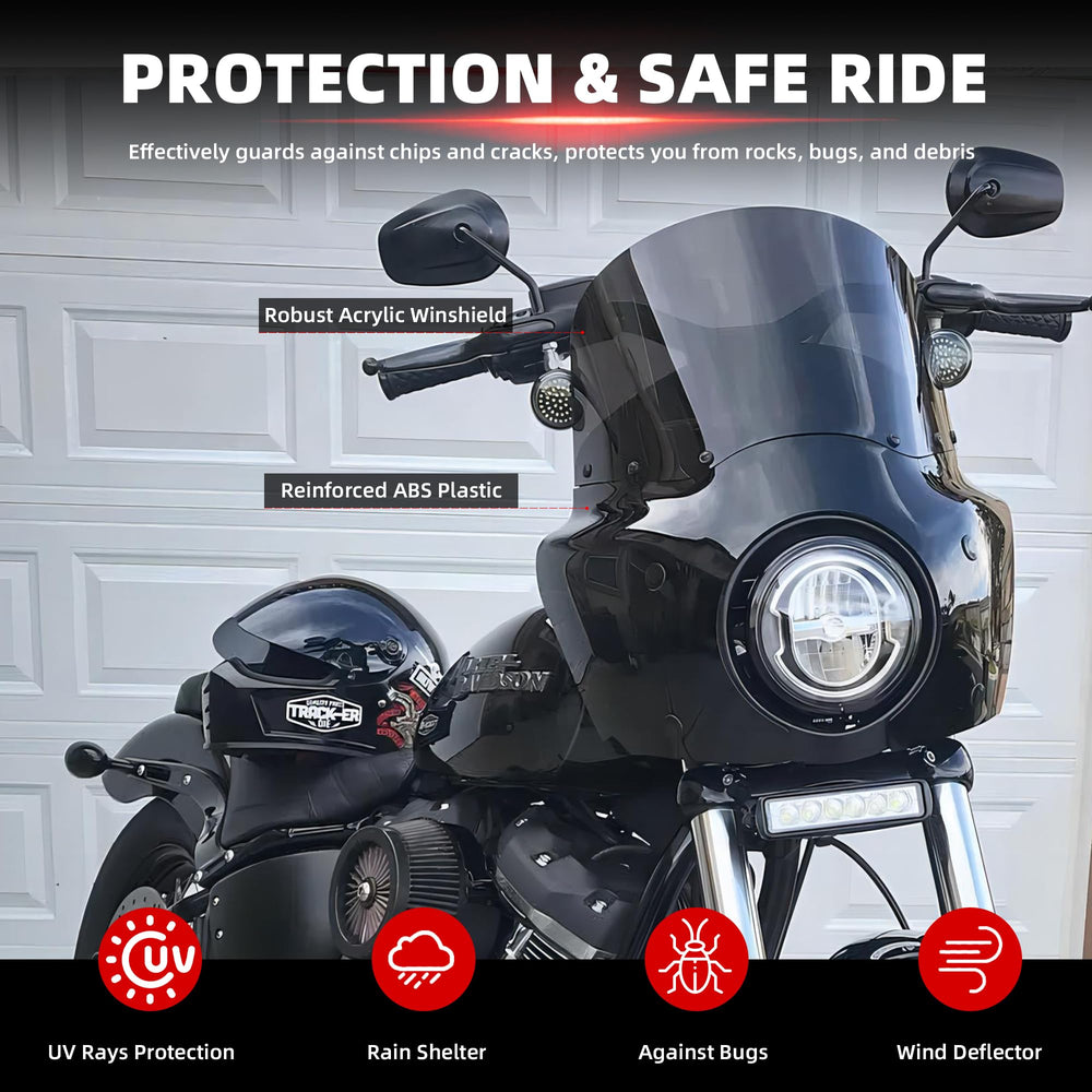 FATECIM 11 inch smoked windshield reduces glare for comfortable rides.