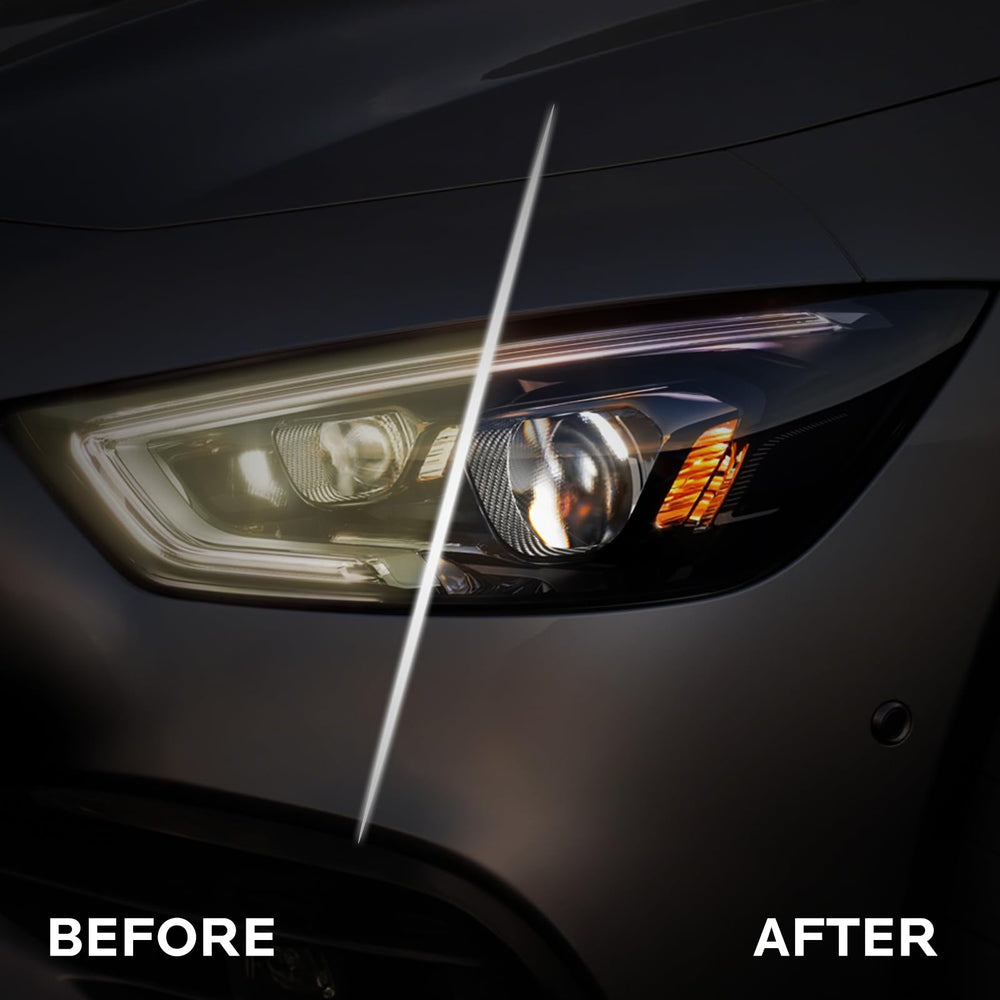 FAVIRZCE headlight cleaner fluid being applied to yellowed lens for clarity.