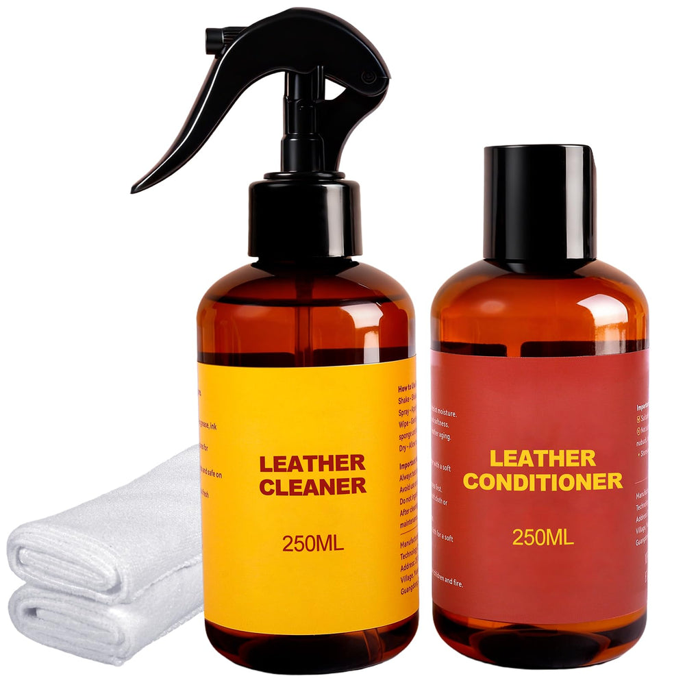 FAVIRZCE leather cleaner bottle closeup for thorough cleaning without residue.