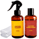 FAVIRZCE leather cleaner bottle closeup for thorough cleaning without residue.