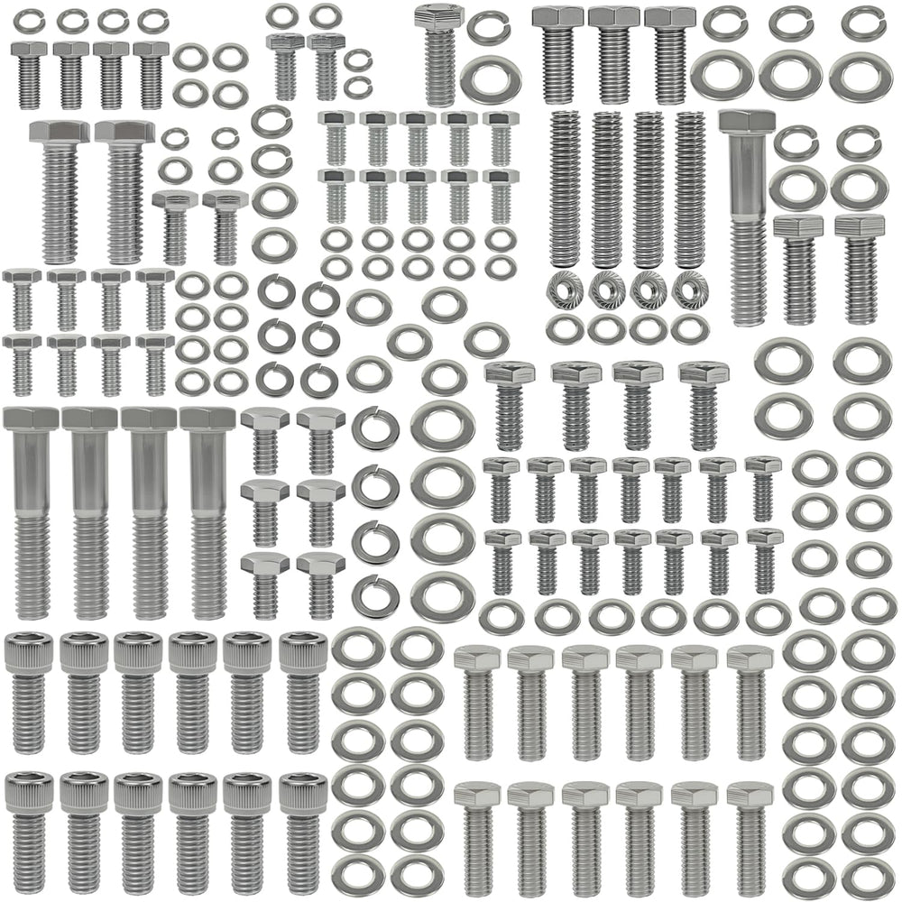 FBSCTMH 304 stainless small-block bolt kit close-up showing rust-resistant hardware for Chevy engines.