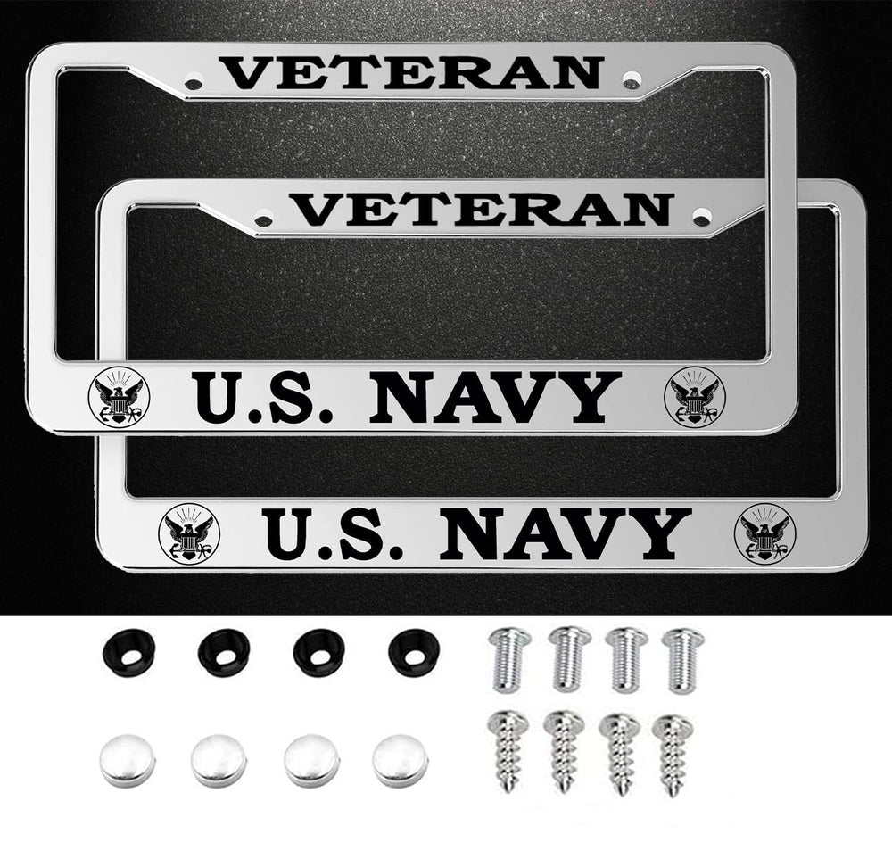 FDCHTUNGS US Navy veteran license plate frames in silver for durable mounting.