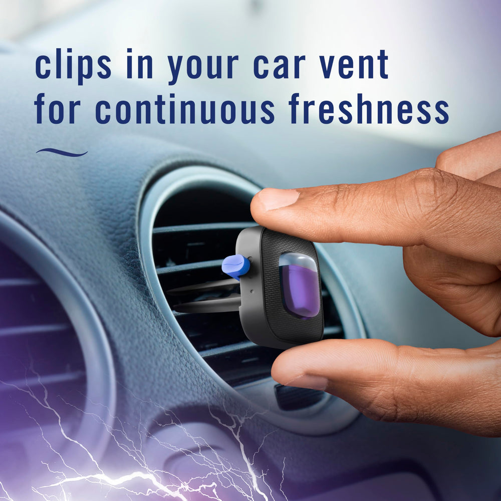 Febreze Auto Midnight Storm odor-fighting action freshens the vehicle interior.