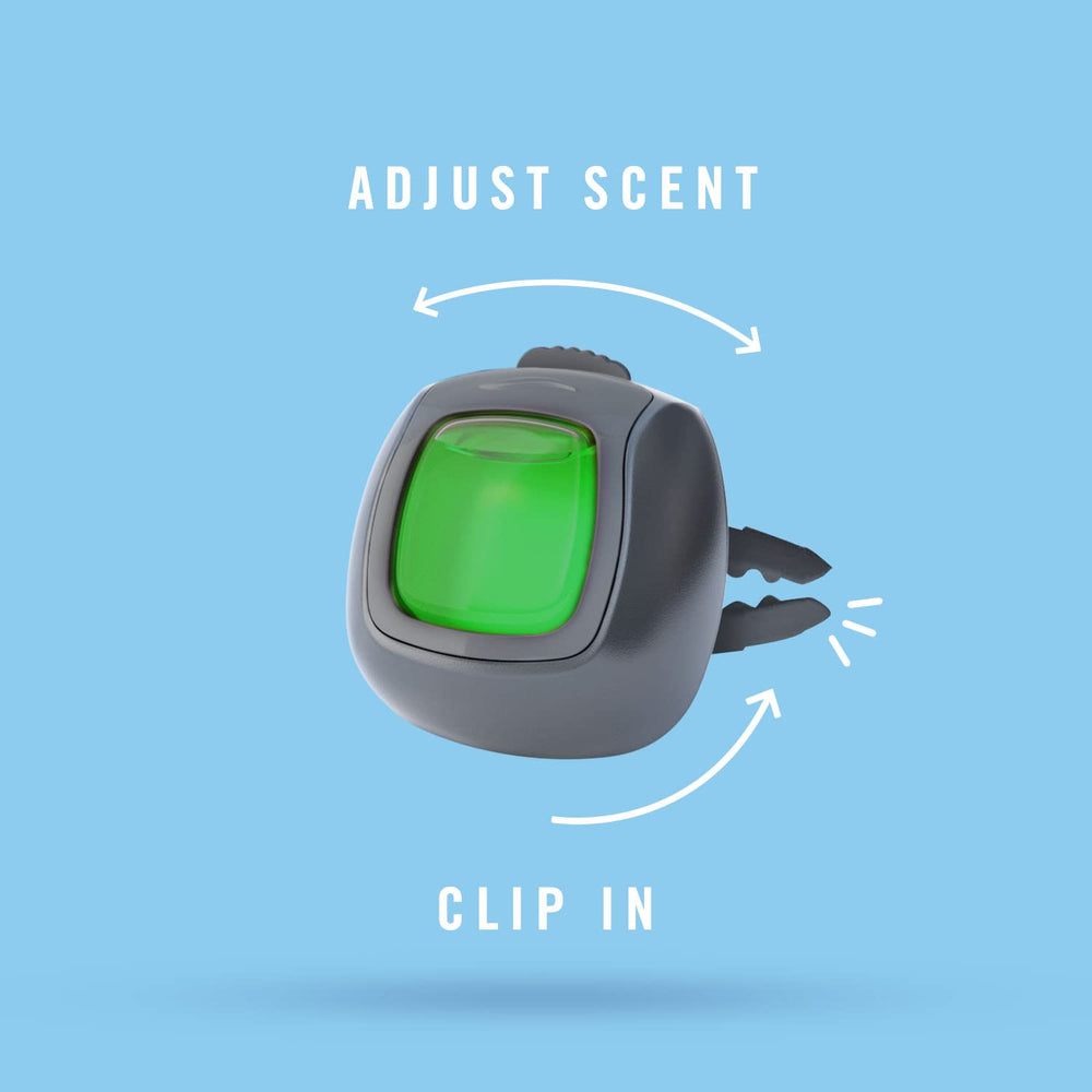 Febreze vent clip attached to car vent distributes fragrance evenly.