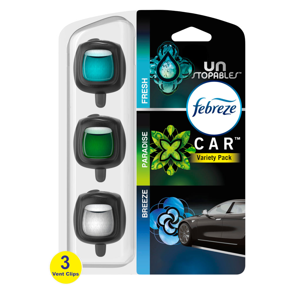 Febreze Car Vent Clip Unstopables Paradise delivers a lasting, vibrant scent in the cabin.