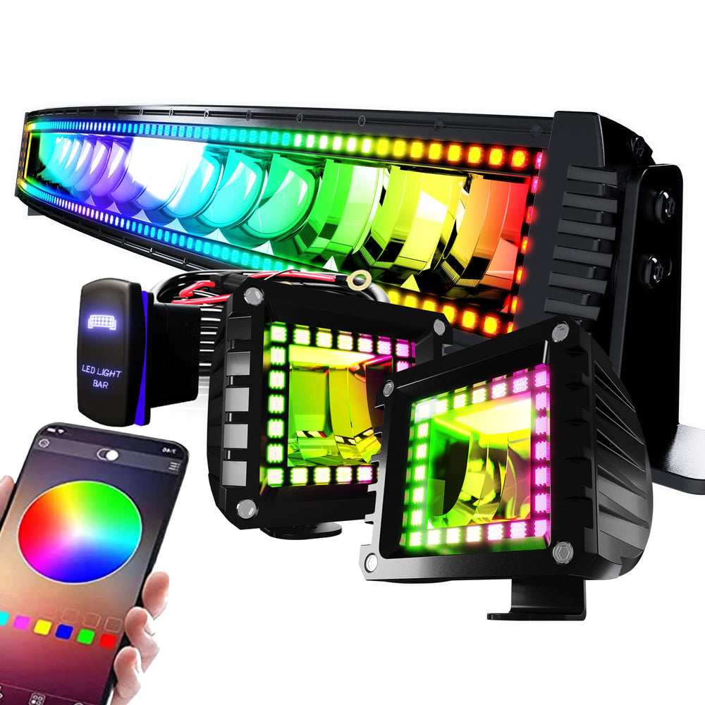 FEELON 32 inch curved RGB light bar illuminates off road trails with bright broad reach