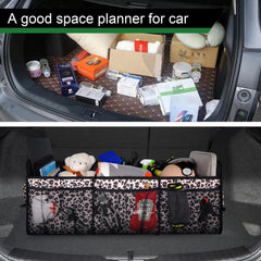 Femuar leopard print trunk organizer inside a vehicle for organized cargo
