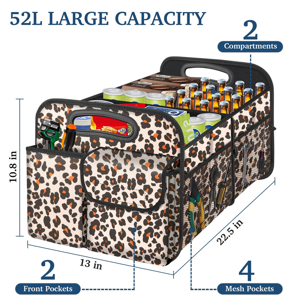 Femuar leopard trunk organizer extended with dividers for groceries and gear