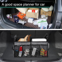 Femuar keeps groceries, toys, and tools neatly arranged in the trunk.