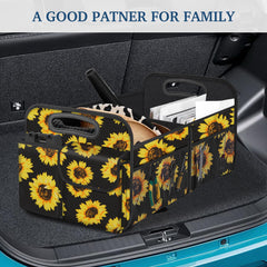 Femuar trunk organizer in use with groceries and sports gear in the trunk