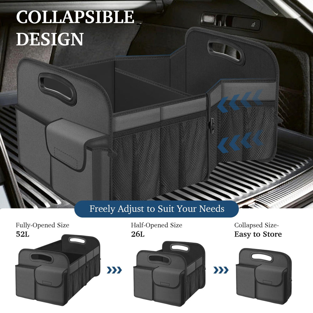 Femuar trunk organizer with multiple compartments for groceries, toys, and tools