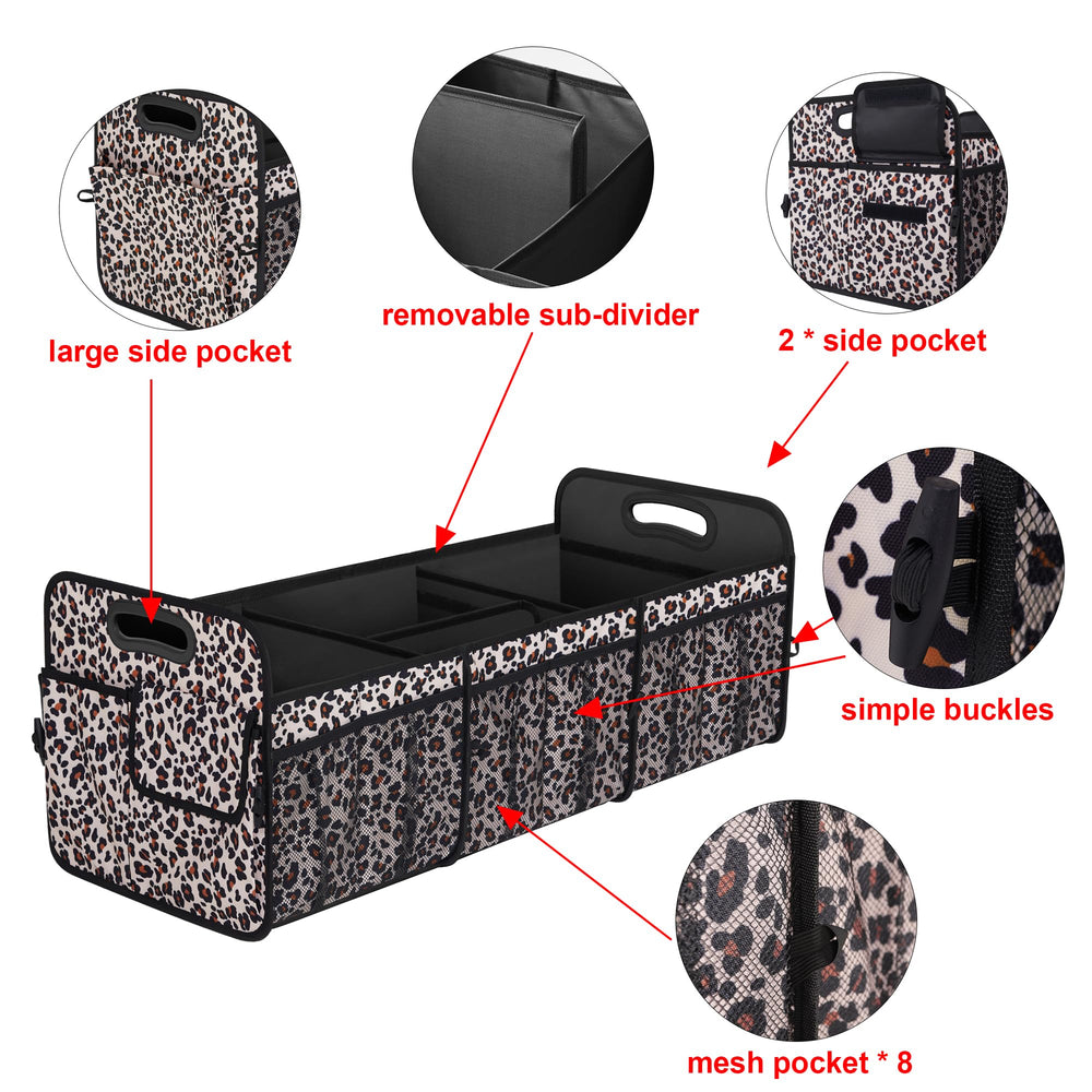 Femuar trunk organizer with non-slip bottom secured in car trunk