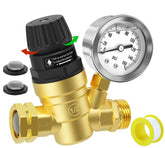 Fetechmate water pressure regulator front close-up showing rugged brass build for RV use