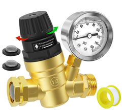 Fetechmate water pressure regulator front close-up showing rugged brass build for RV use
