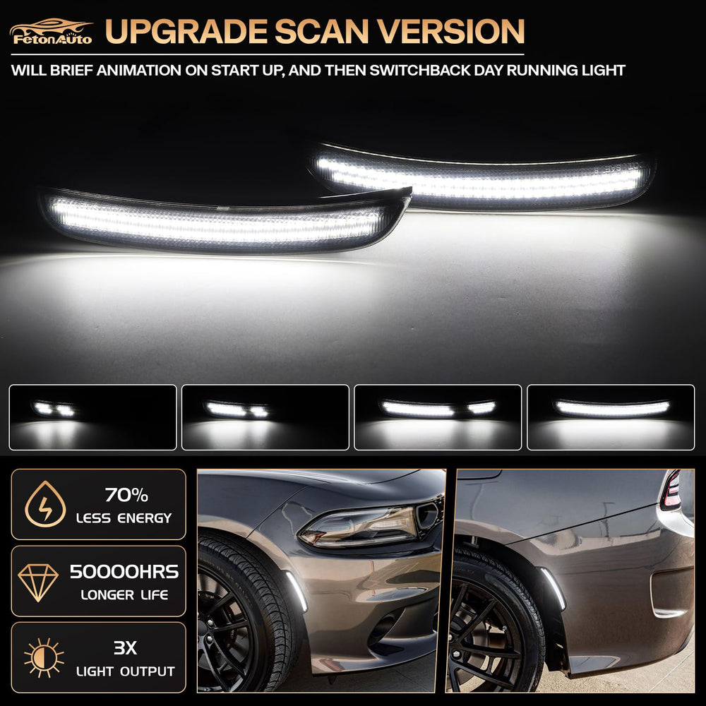 FetonAuto dynamic white LED side marker rear for Dodge Charger boosts rear visibility.