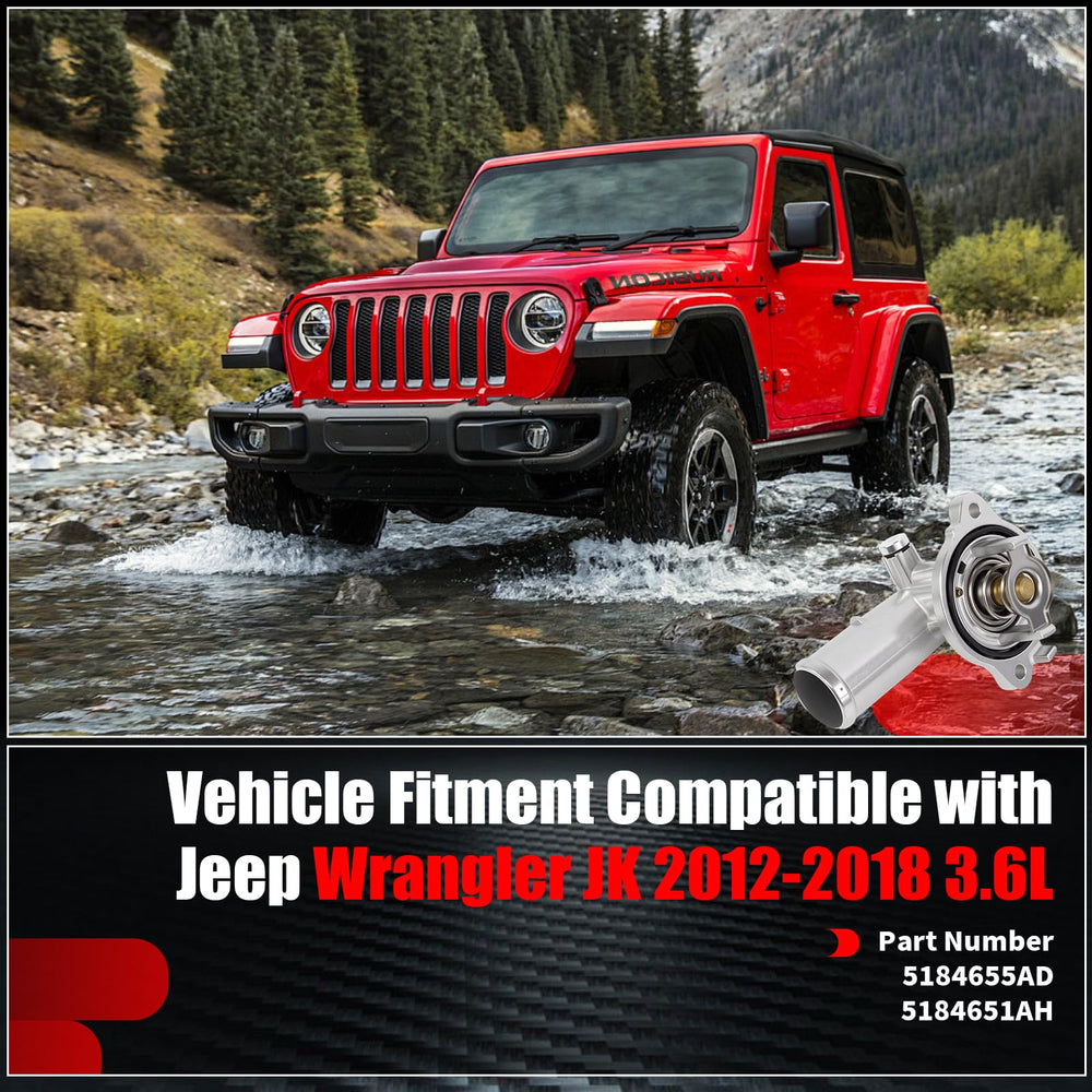 FETUSI aluminium thermostat housing installation on Jeep Wrangler JK demonstrates direct replacement fit.