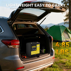 Feuruetc 12V 20Ah battery stored with gear, illustrating safe handling and long life.