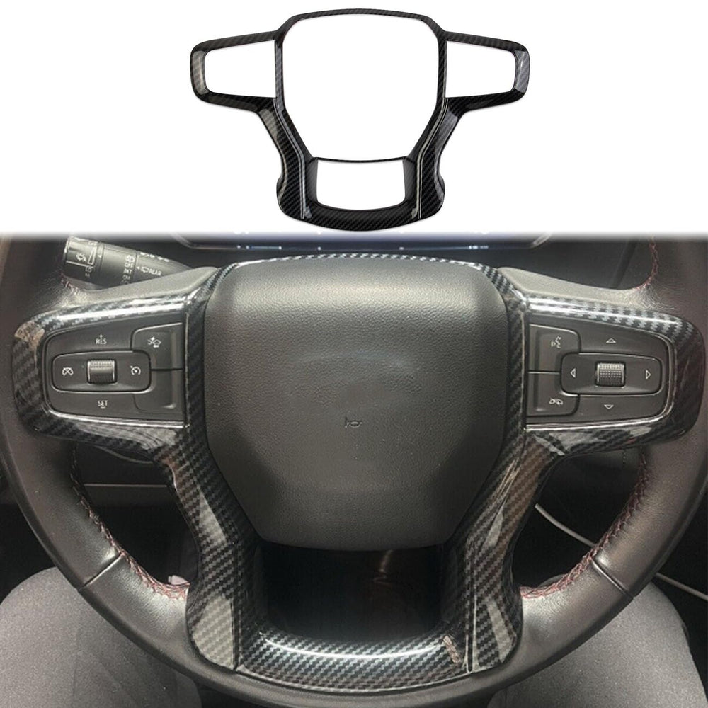 Fewshaw carbon fiber steering wheel cover full set enhances Silverado interior with sport style.