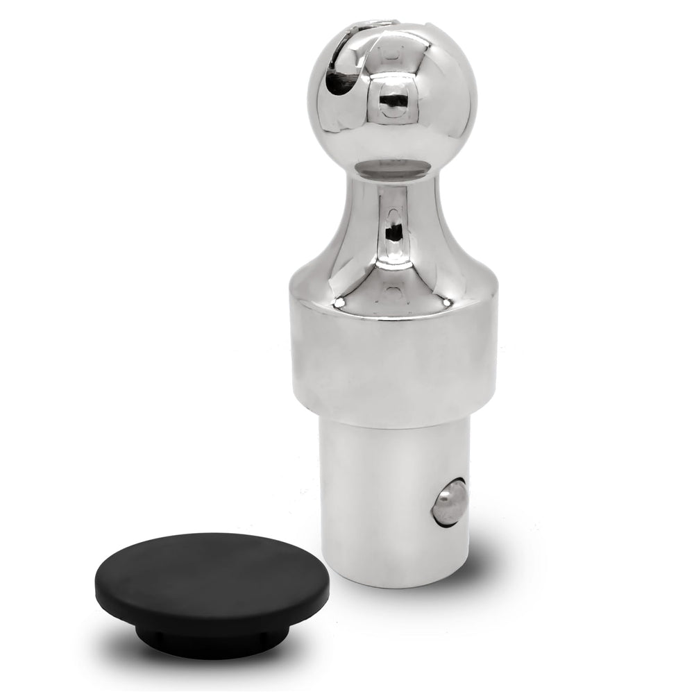 FHRHRY gooseneck hitch ball closeup with chrome finish for lasting durability.