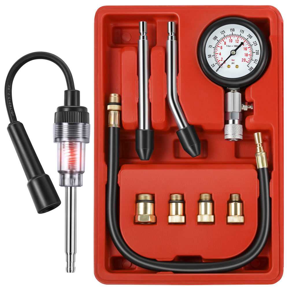 Fiada 9-piece compression tester kit in use for engine diagnostics.