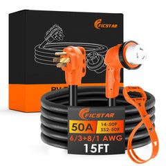 Ficstar 50-amp generator cord 15ft shows durable copper conductors for RV use