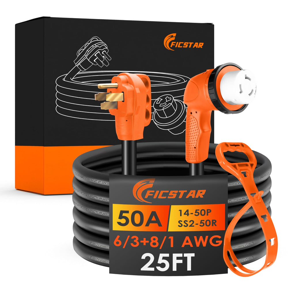 Ficstar 50-amp RV extension cord with locking connector for reliable campground power