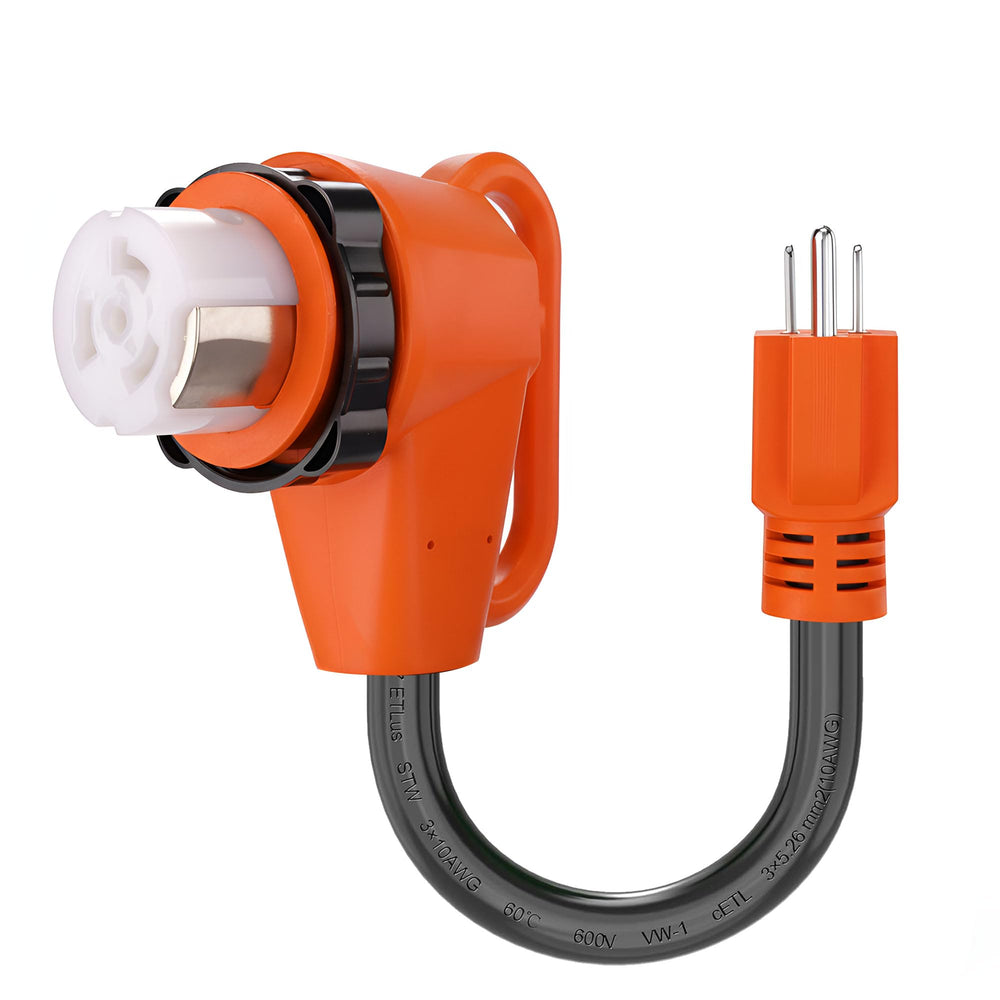 Ficstar 50A to 110V RV adapter with twist-lock secures outdoor power