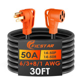 Ficstar 50A RV extension cord with grip handle, ideal for safe outdoor hookups.