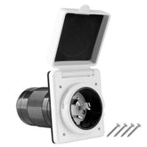 Ficstar 50A twist-lock inlet front view showing secure connection for RV sites
