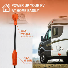 Ficstar camper-site power adapter suitable for home charging or RV use