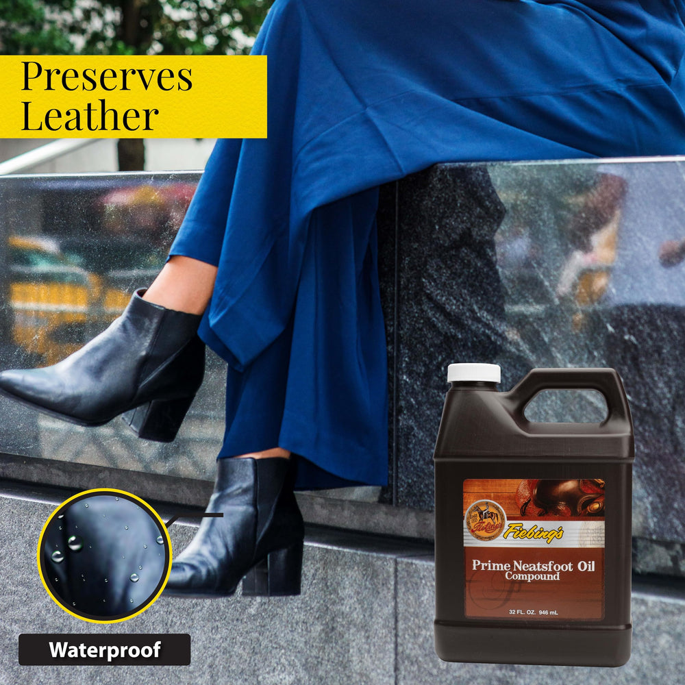 Fiebing's Prime Neatsfoot Oil label closeup highlights composition and usage for leather care.