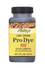 Fiebing's Pro Dye Light Brown 4oz bottle ready for consistent color on leather.