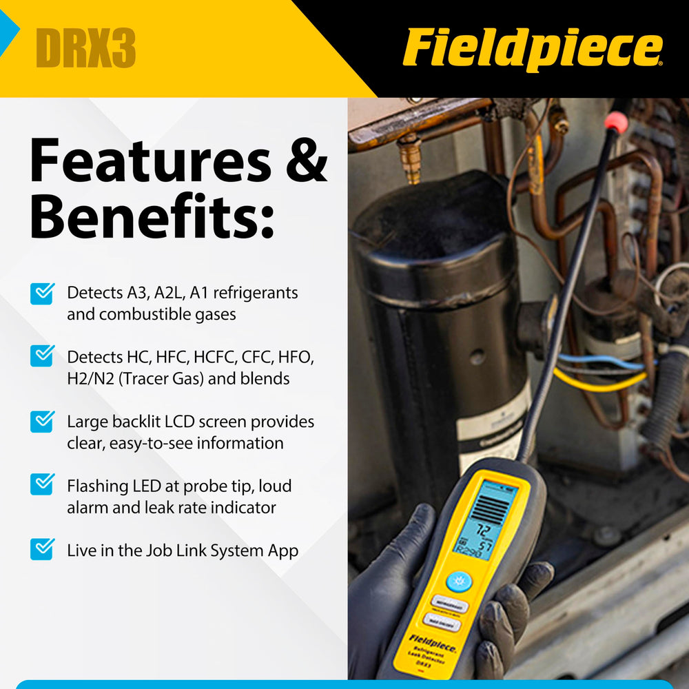Fieldpiece DRX3 heated diode sensor in use detects refrigerants and gases with precision