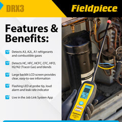 Fieldpiece DRX3 heated diode sensor in use detects refrigerants and gases with precision