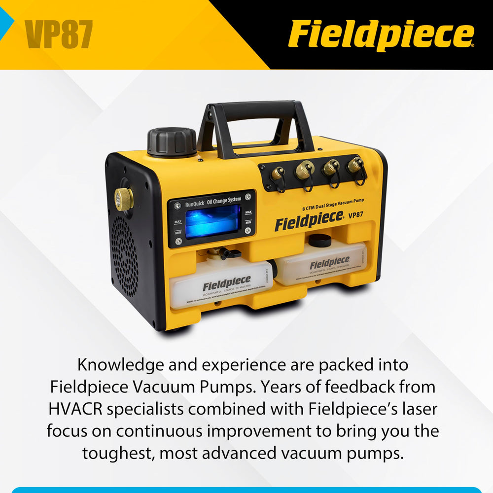 Fieldpiece RunQuick oil system close-up illustrates streamlined oil management during service.