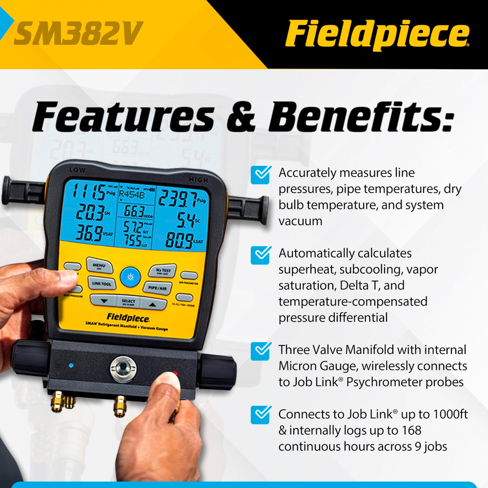 Fieldpiece SM382V digital micron gauge detects tiny pressure changes for accurate service.