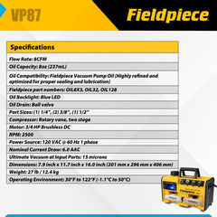 Fieldpiece VP87 DC motor close-up emphasizes durable power for fast evacuations.