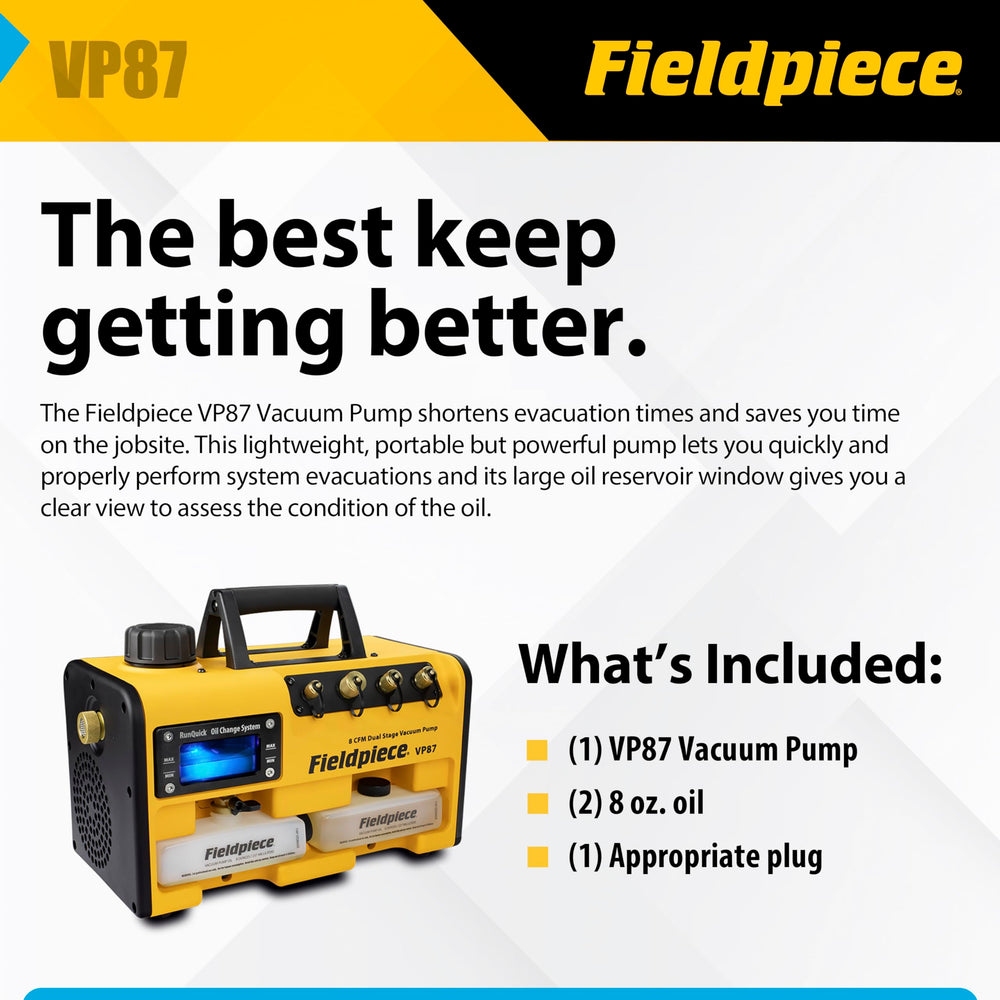 Fieldpiece VP87 oil-change kit view highlights included oils for quick maintenance.