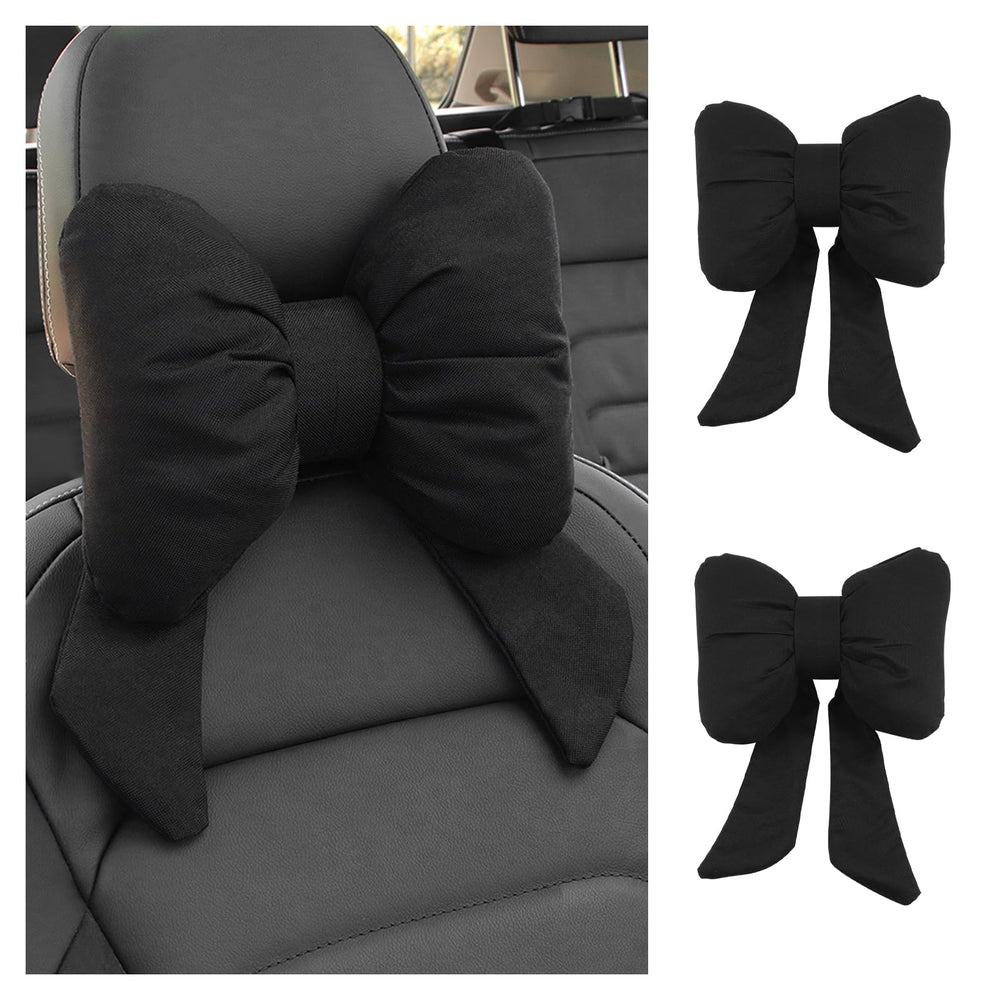 Figpade cute bow headrest pillow in black for a stylish car interior and comfort.