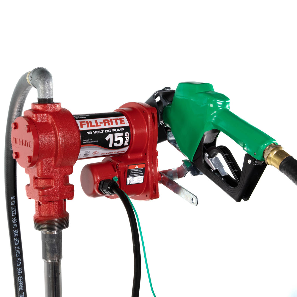 Fill-Rite FR1210HA1 discharge hose for efficient fuel transfer in action