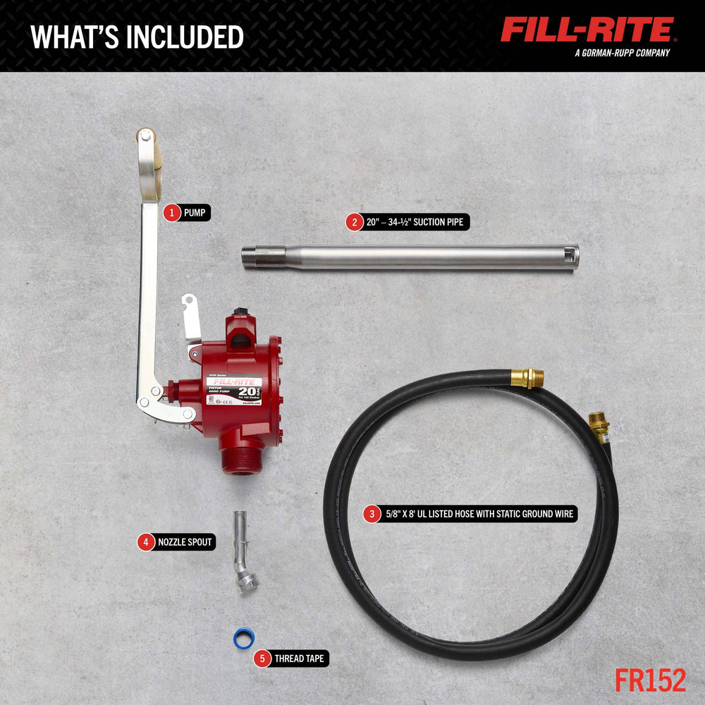 Fill-Rite FR152 shows 20 gallons per 100 strokes for efficient fueling