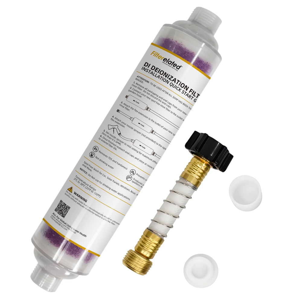 Filterelated inline deionizer with transparent housing for easy resin monitoring.
